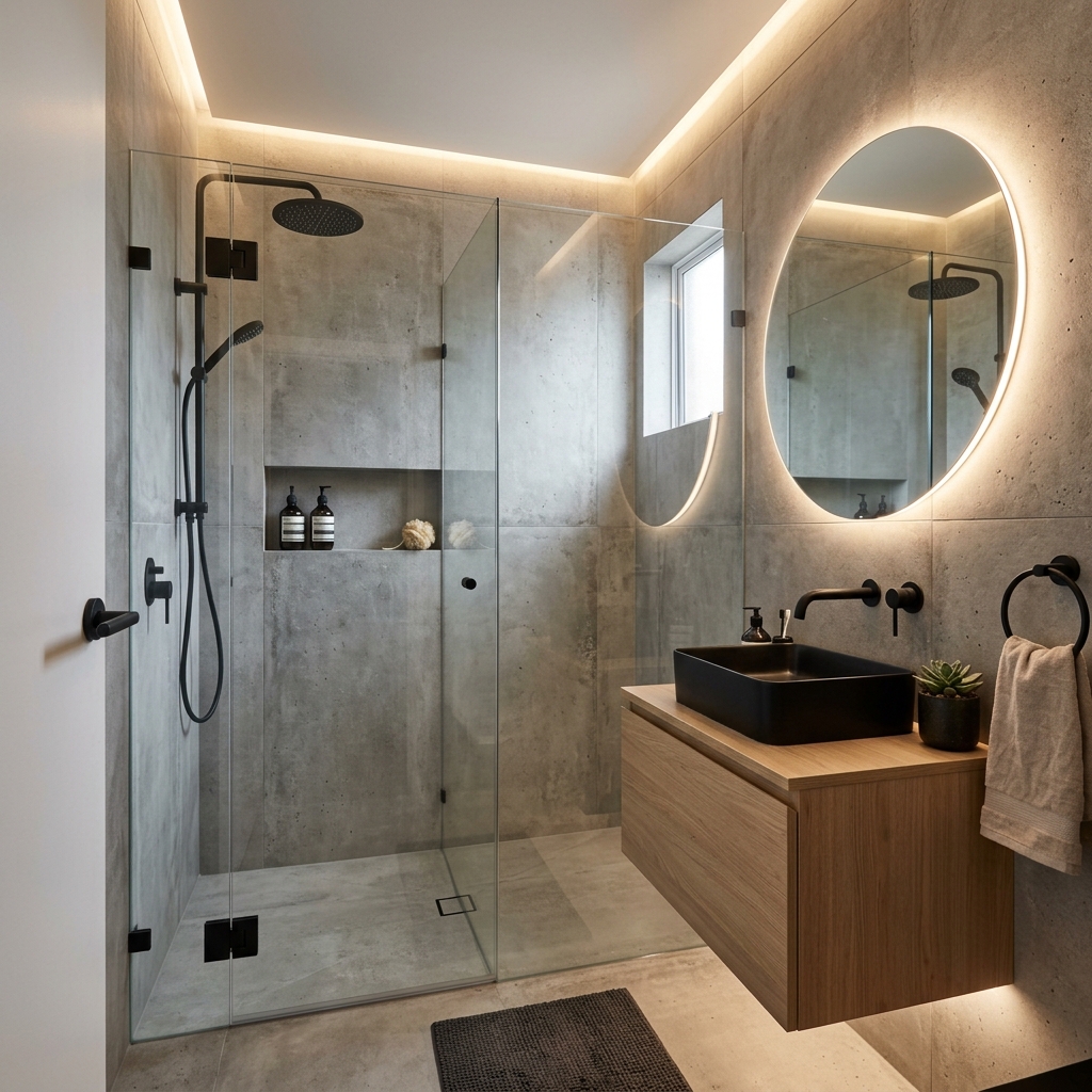 Hasil akhir renovasi kamar mandi modern 2x2 meter dengan keramik semen ekspos dan pencahayaan hangat