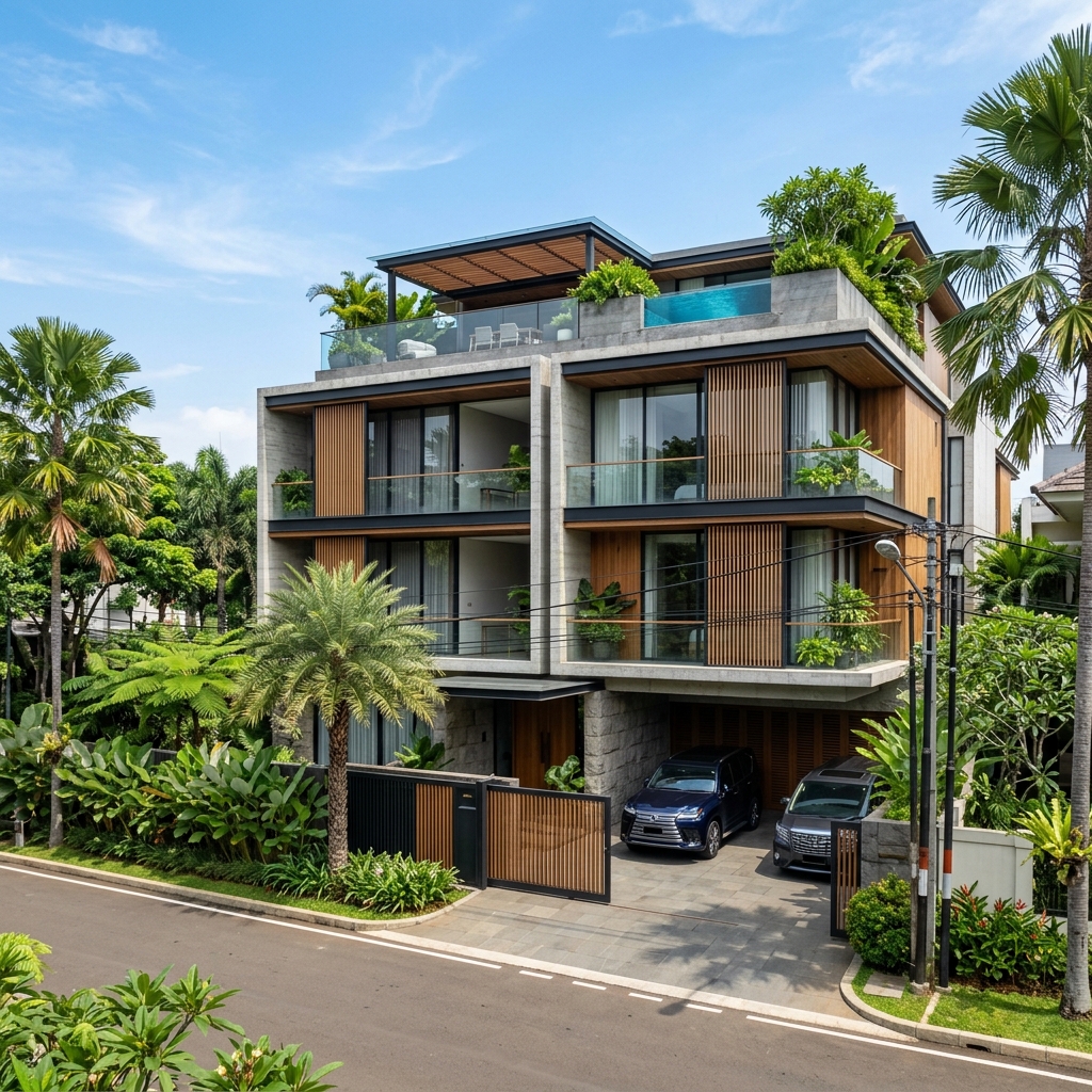 Desain rumah townhouse mewah modern tropis di kawasan strategis Jakarta Selatan