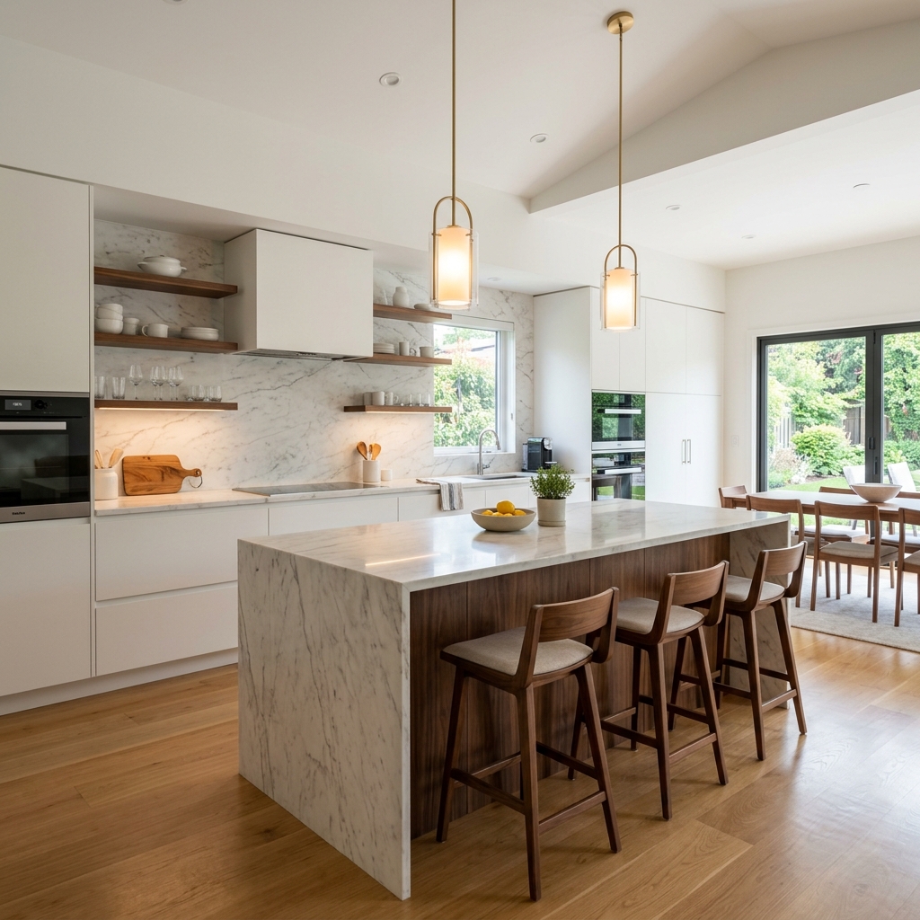 Dapur modern dengan kitchen island marmer dan pencahayaan elegan