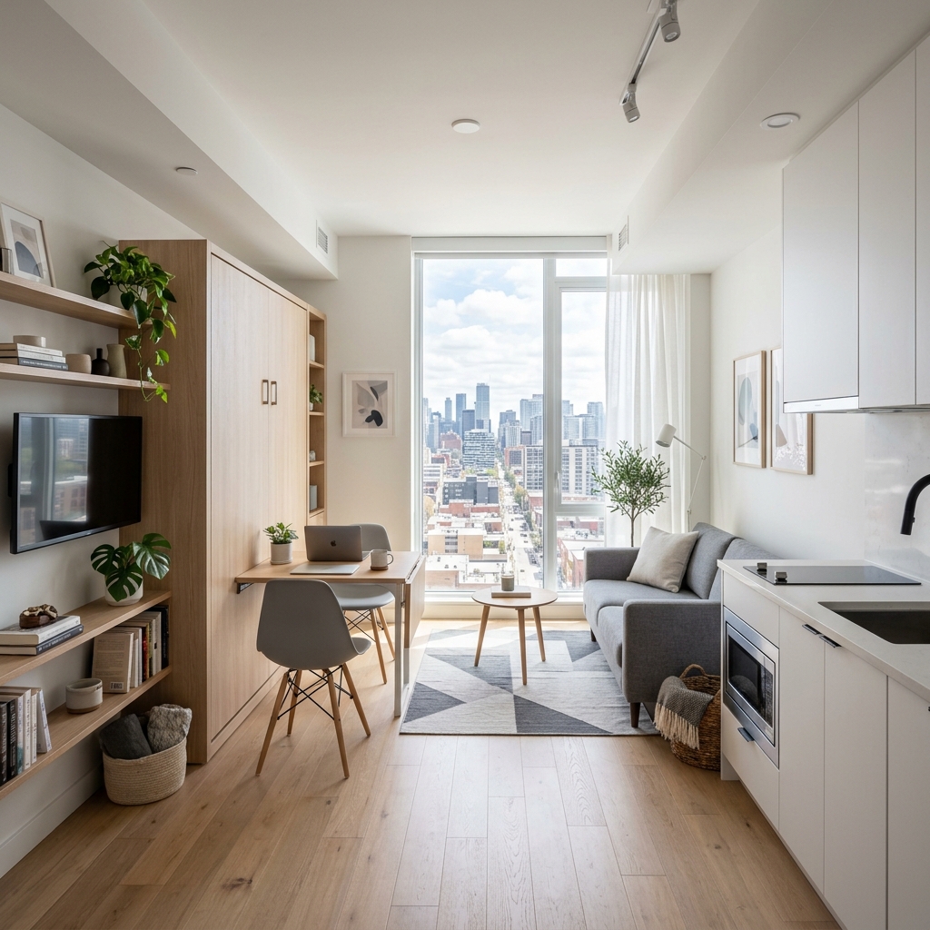 Desain interior apartemen studio 21sqm dengan jendela besar, tempat tidur tersembunyi, dan lantai kayu terang